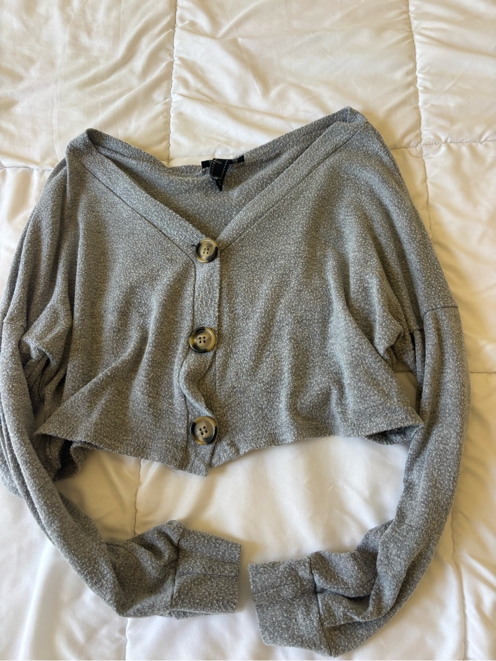 Cropped Gray Button-Front V-Neck Sweater